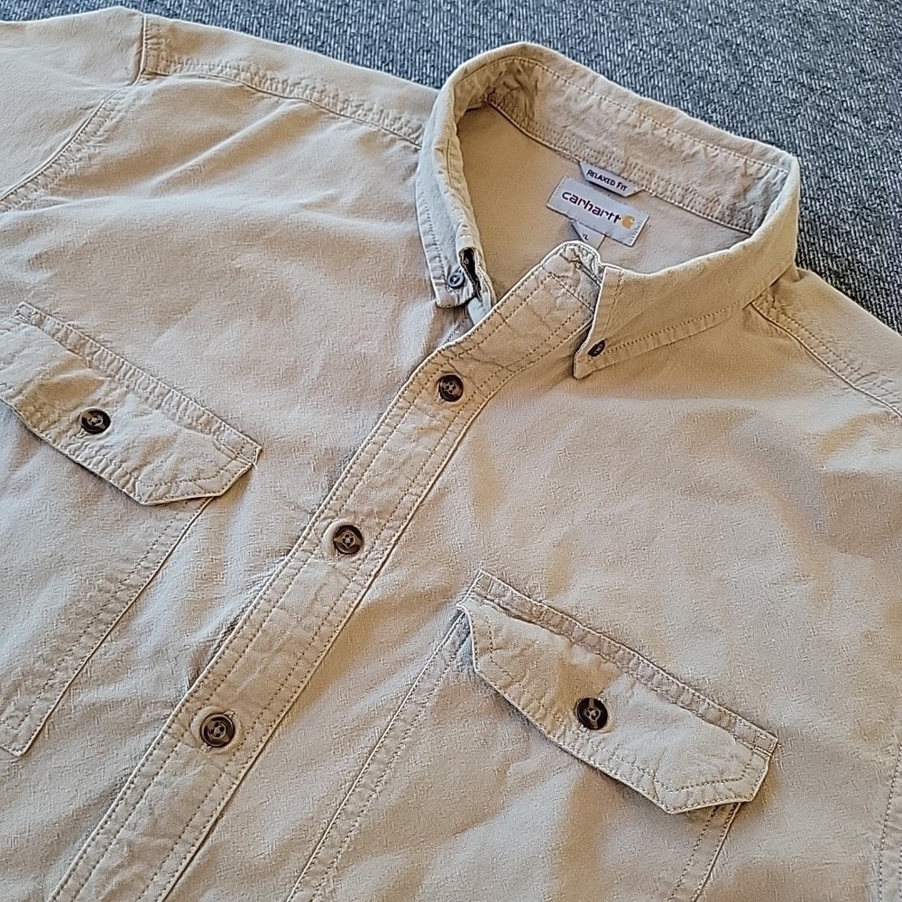 Carhartt Work Shirt Men's 2XL Tall Tan Relaxed Fit Midweight Canvas Short Sleeve